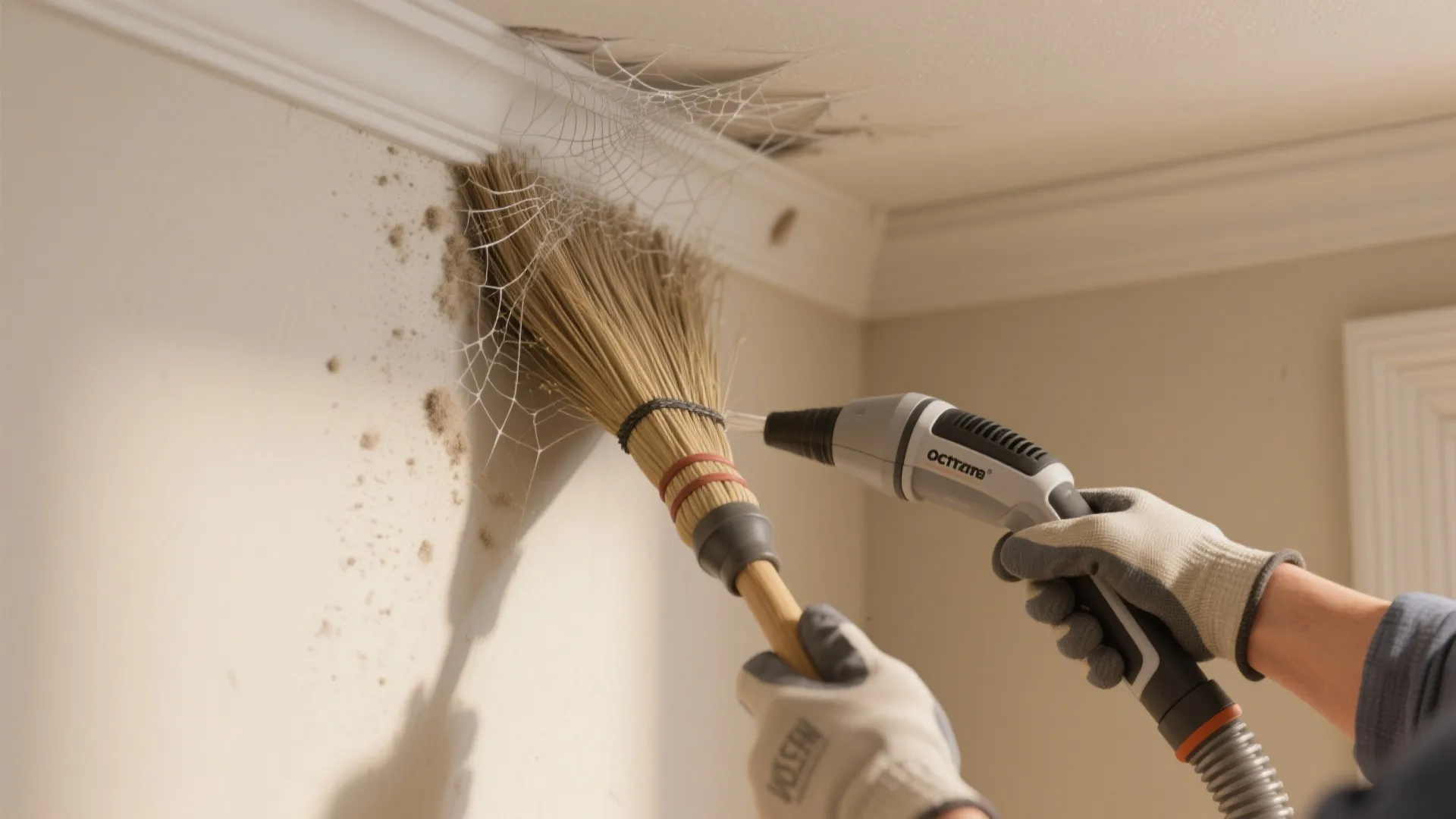 Person using a broom and vacuum to clean spider webs and dust from wall corner