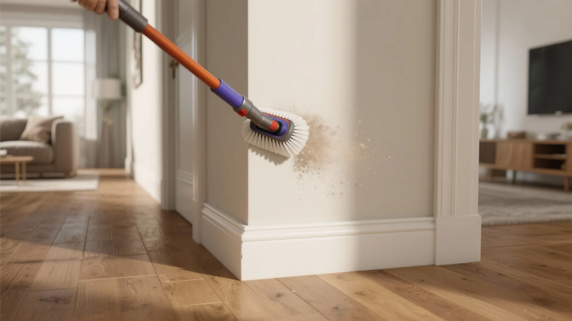 Cleaning a white wall corner with a vacuum brush attachment to remove dust and dirt