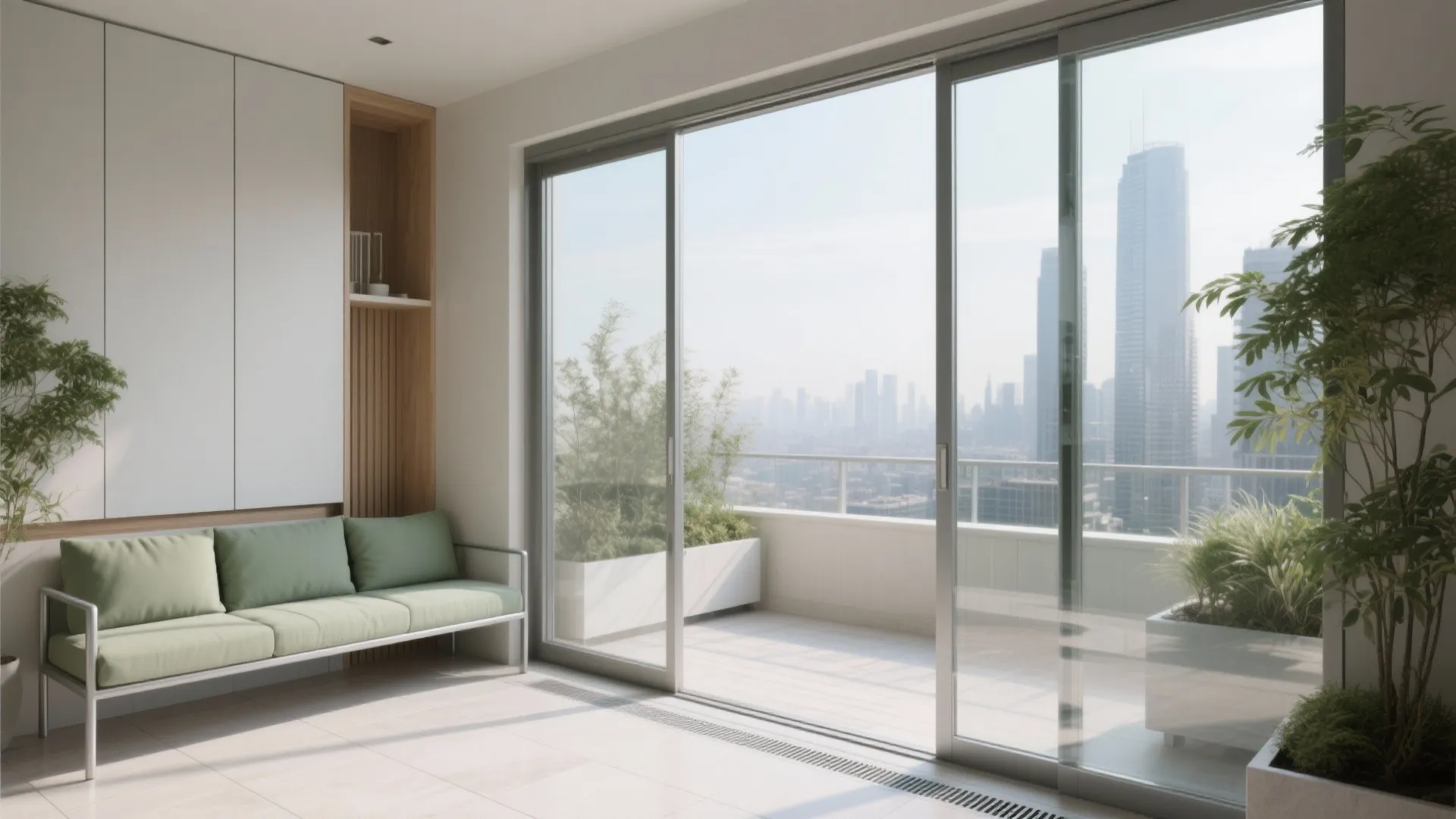 Modern apartment interior with light green sofa and large glass sliding doors leading to balcony