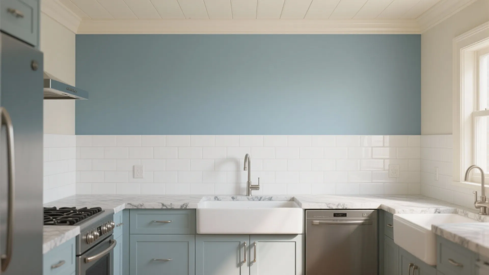 Modern blue kitchen with white wall tiles marble countertop white sink and stainless steel stove