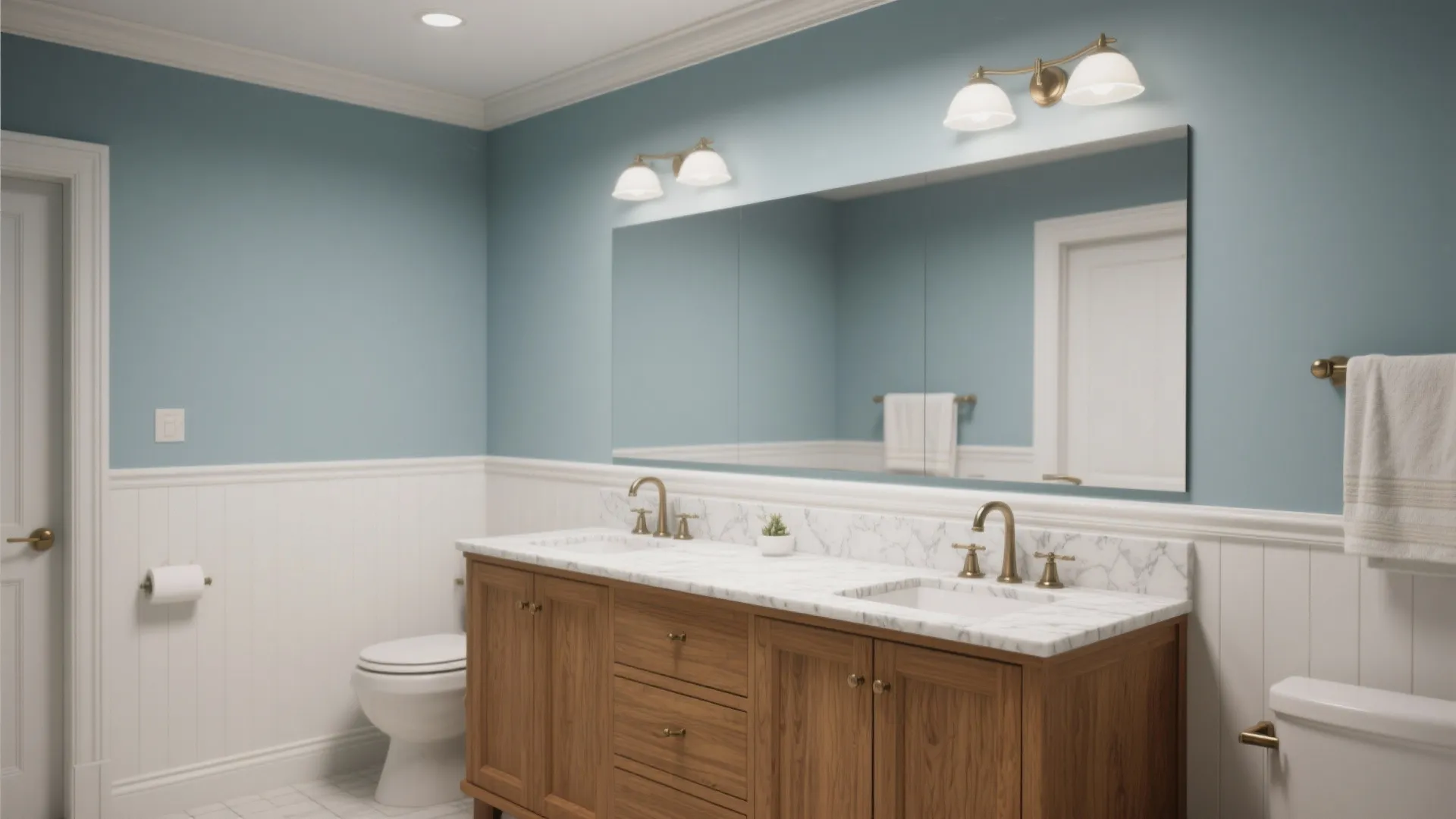 Blue bathroom with white wall panel wooden cabinet marble top two sinks and gold lights