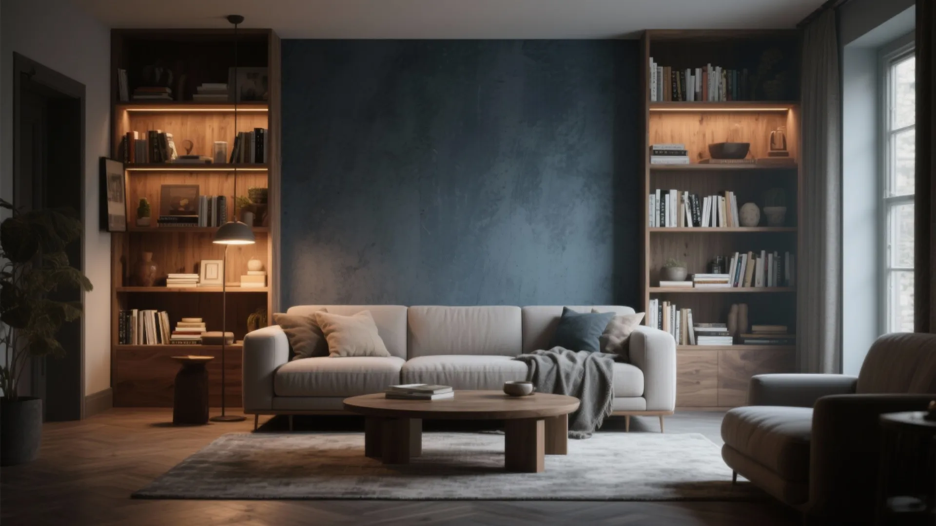 Modern living room with blue wall, grey sofa, wooden coffee table, and lit bookshelves with books