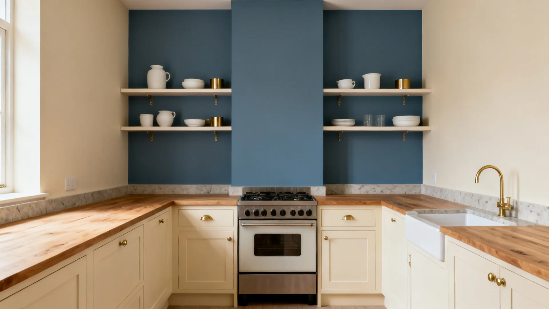 Small kitchen with a dusty blue accent wall behind open shelves and cream walls around the perimeter.
