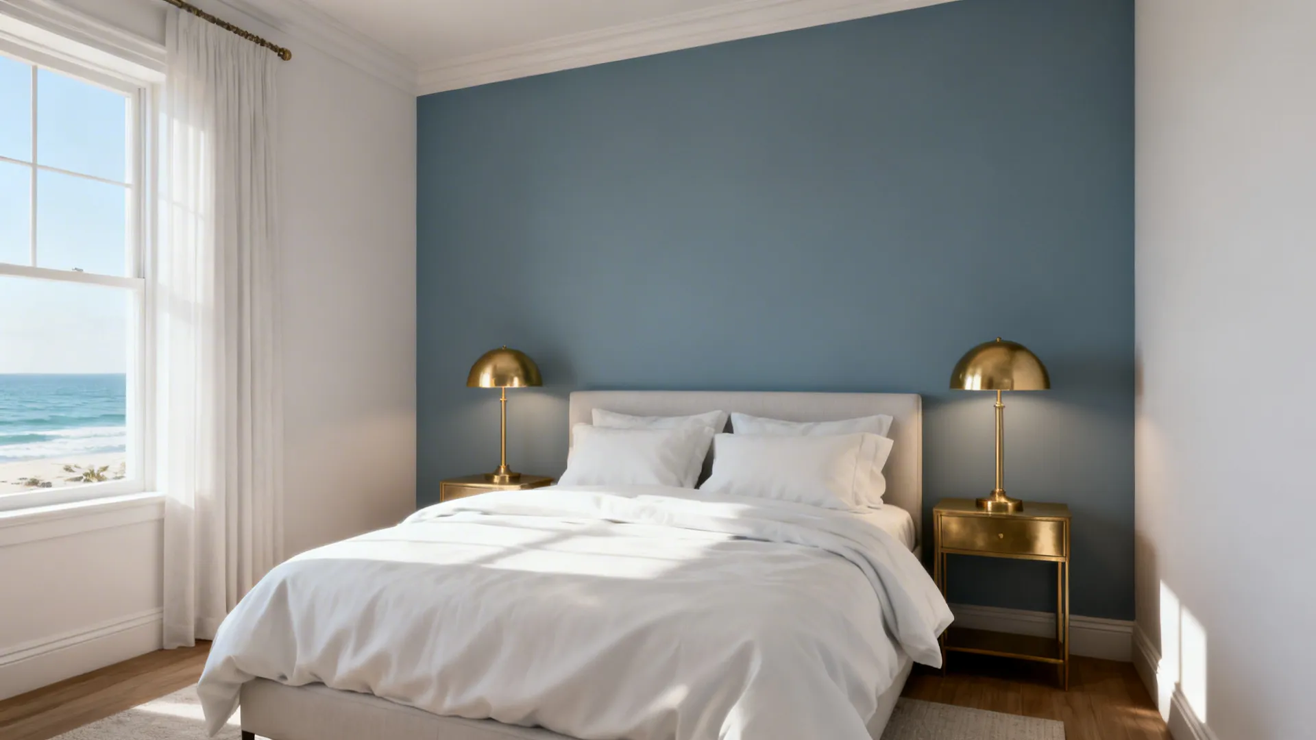Small bedroom with a dusty blue accent wall, white bedding, and brass lamps creating a coastal suite feel.