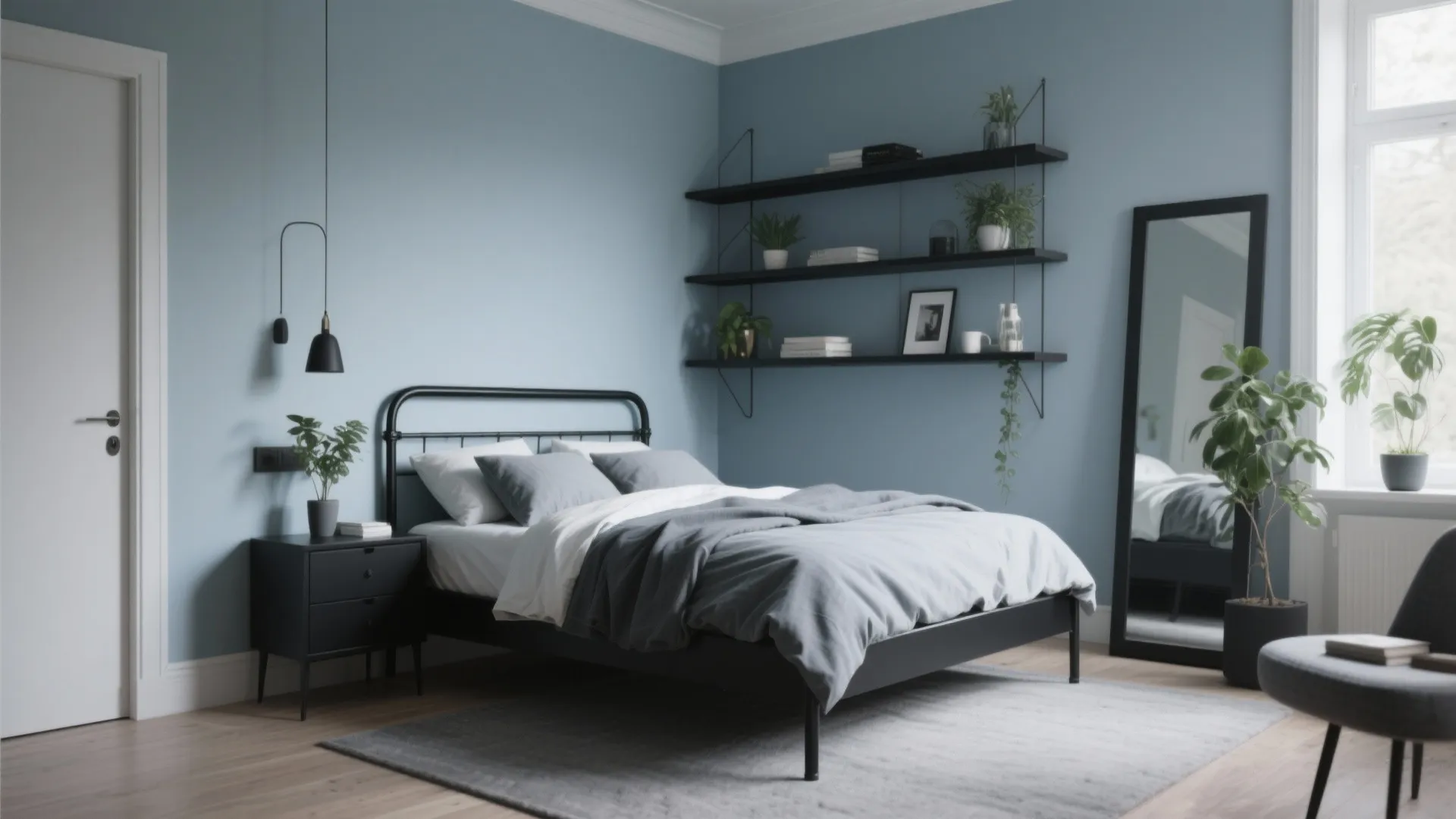 Modern blue bedroom with black metal bed frame grey bedding wall shelves and floor mirror