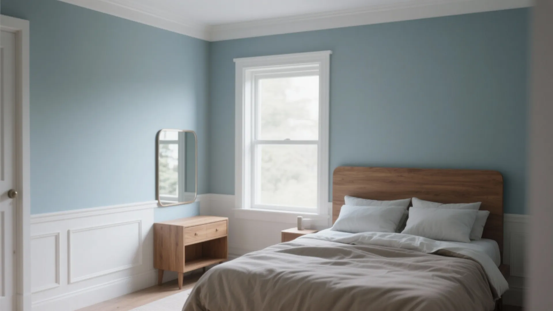 Small bedroom with muted dusty blue walls, white trim, warm wood headboard and reflective mirror.