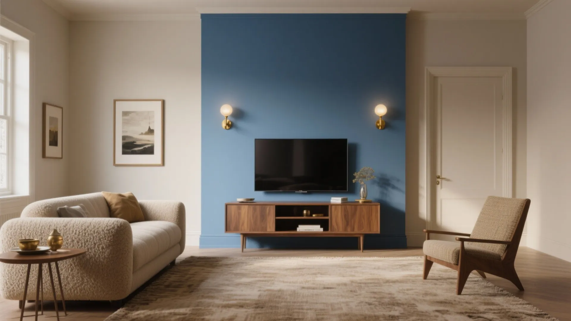 Dusty blue TV wall with toasty beige walls, warm rug, and brass accents creating quiet luxury.