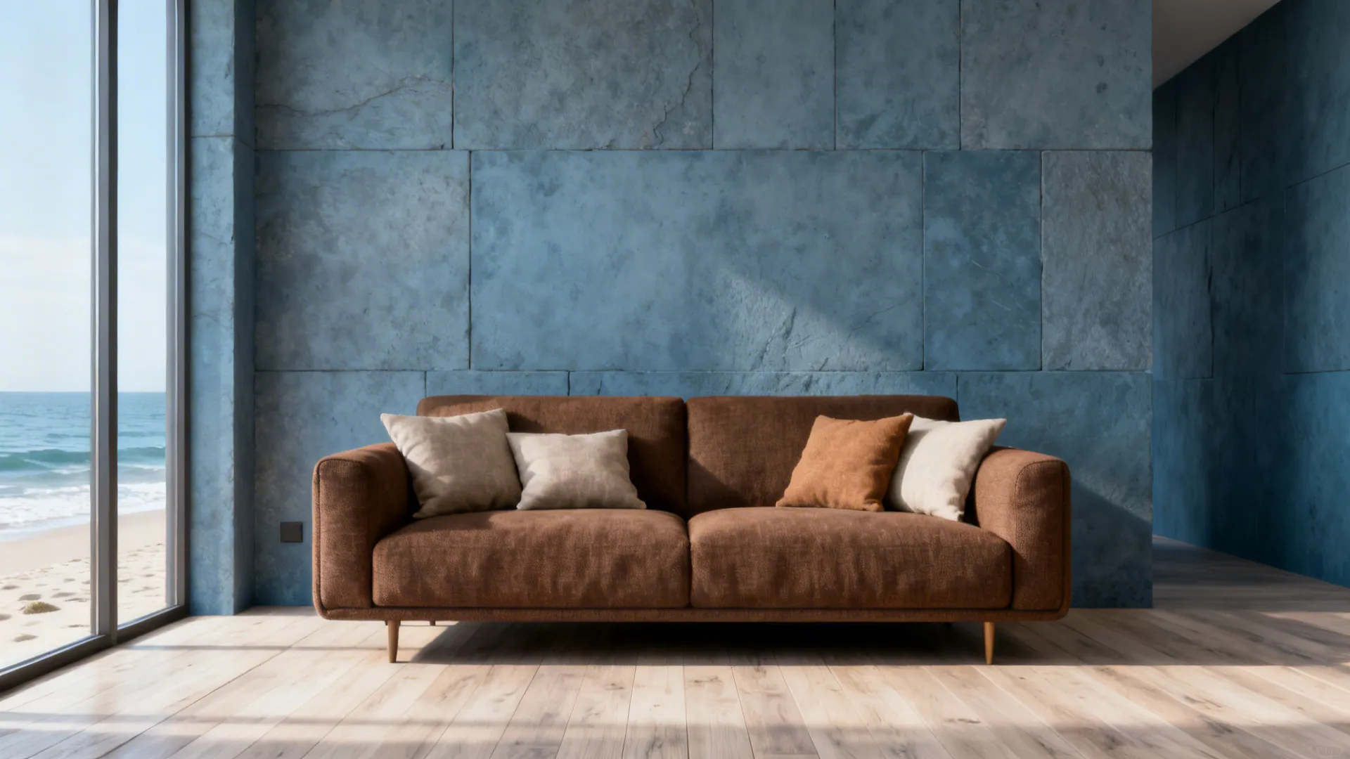 Modern living room with dusty blue walls and a brown sofa creating calm contrast.