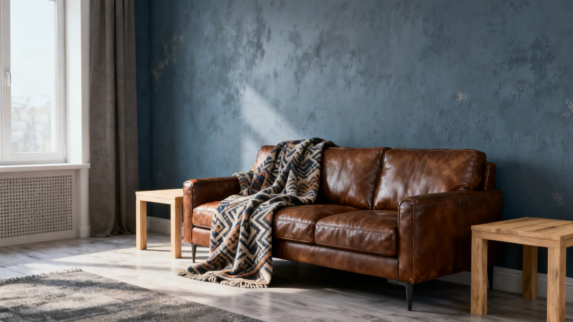 Brown leather couch with dusty blue walls, patterned throws and light wood side tables