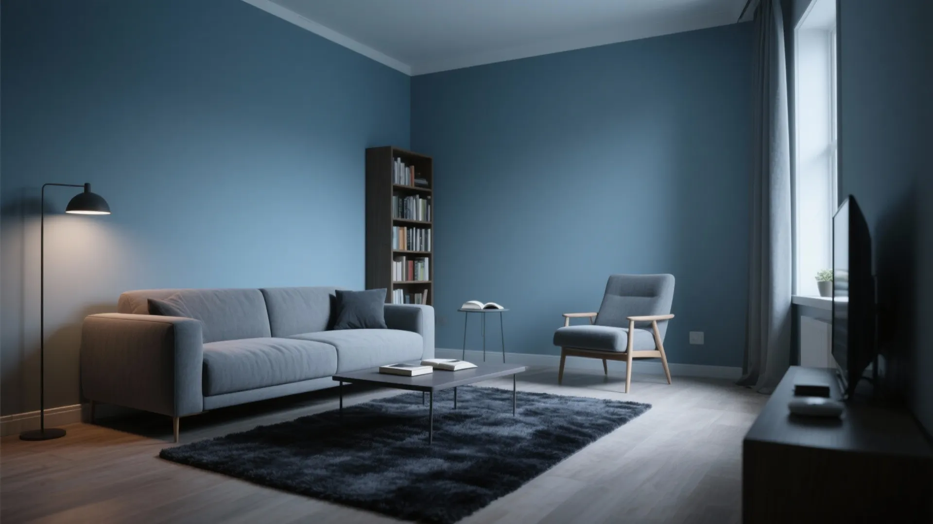 Dusty Blue Wall with Charcoal Rug