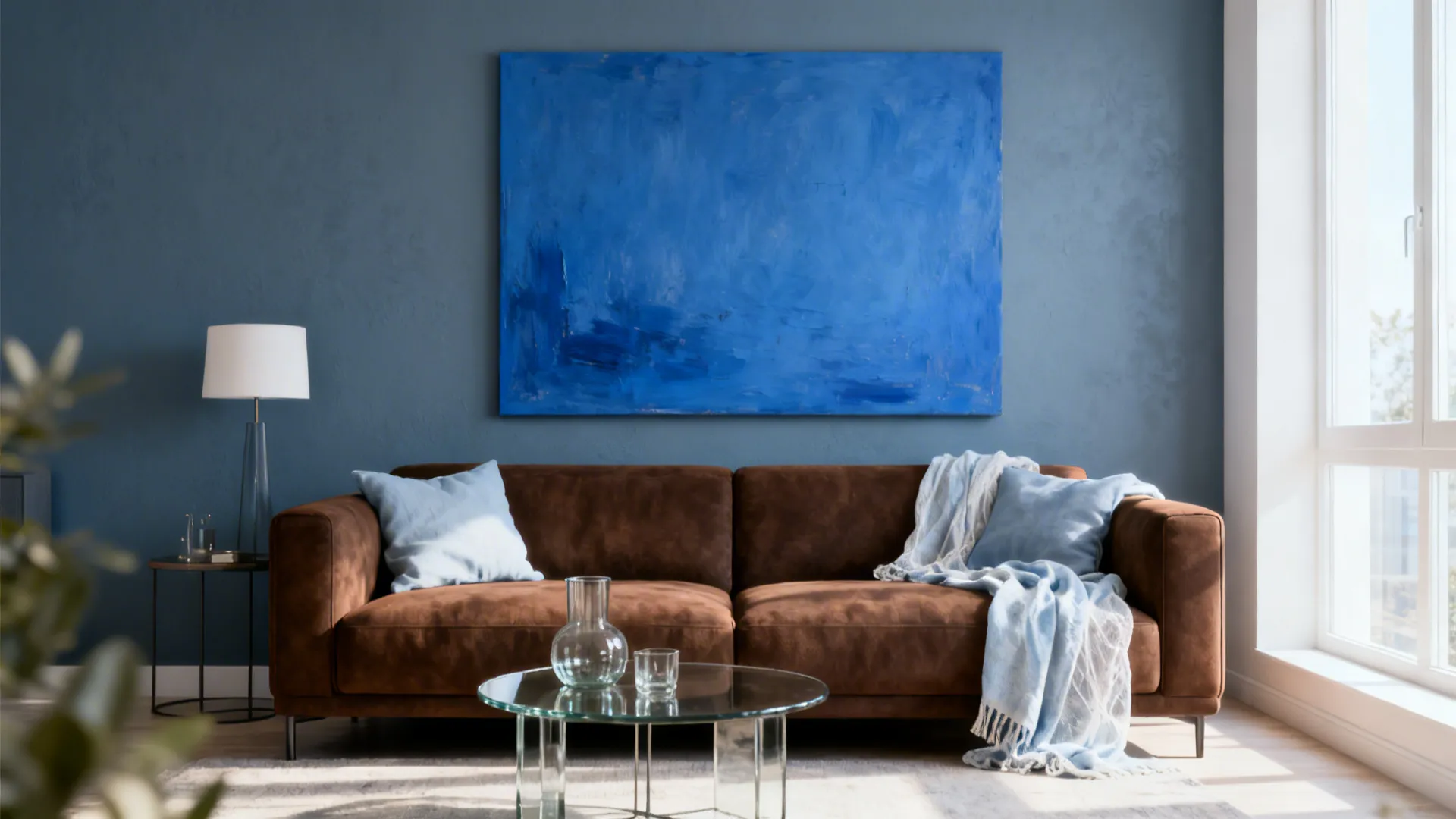 Brown sofa with dusty blue walls, light linens and glass accents for cool contrast