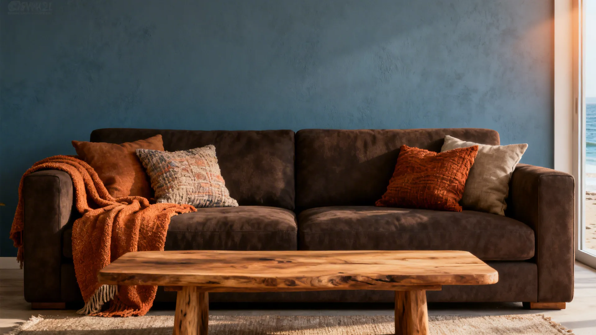 Modern living room with a dark brown sofa and dusty blue walls, warm textiles