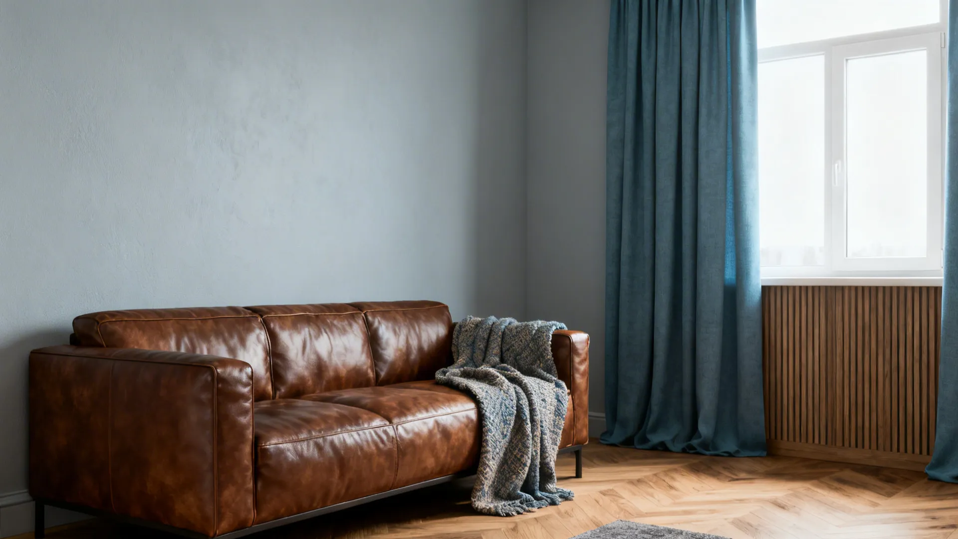 Small living room with brown leather sofa, dusty blue curtains, and cool gray walls