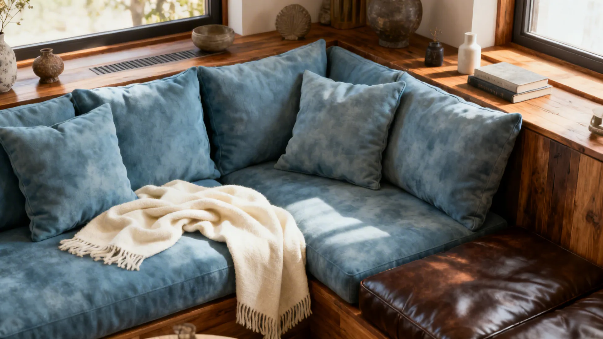 Compact living area with dusty blue cushions and cream throws paired with dark brown furniture and wooden accents.