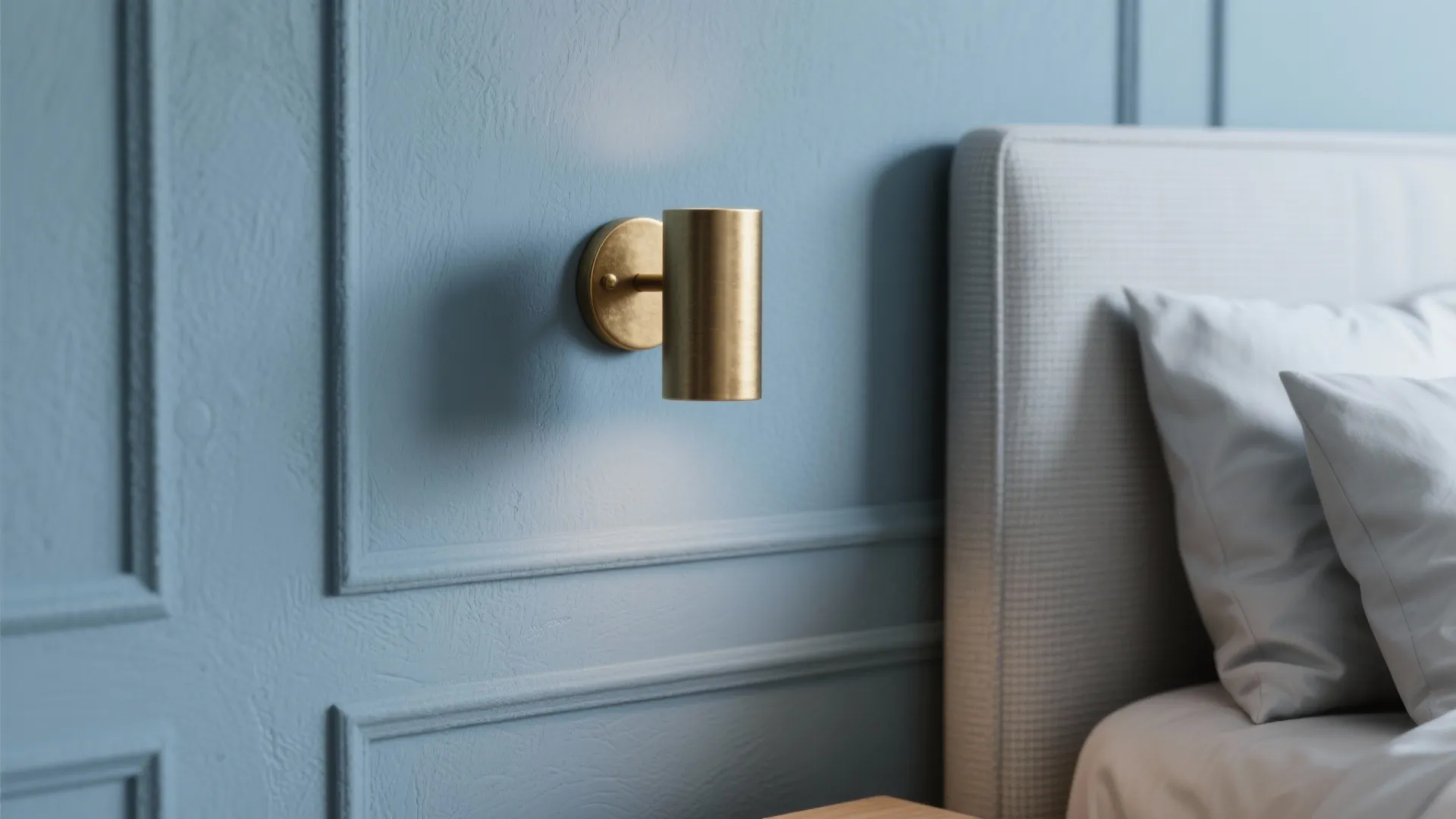 Gold wall light mounted on a blue wall panel next to a grey bed headboard