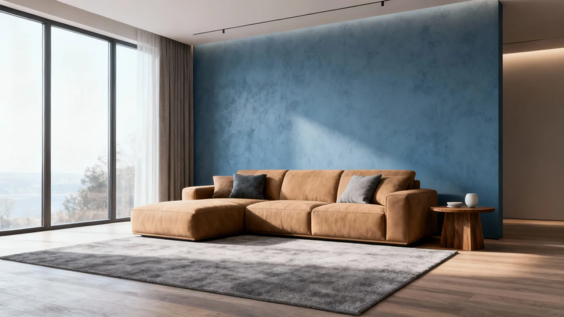 Living room with tan sofa, dusty blue accents and soft gray rug