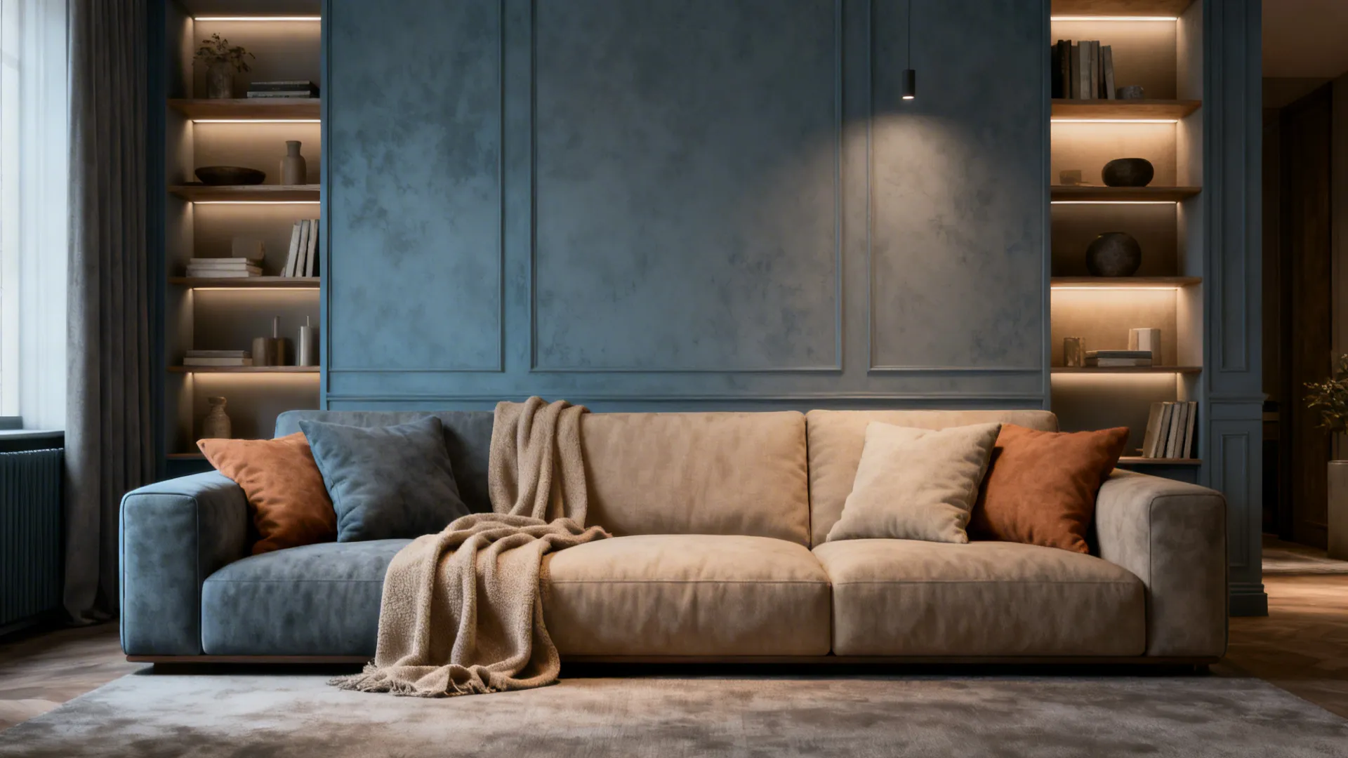 Family living room with dusty blue-gray walls, neutral furnishings and layered lighting.