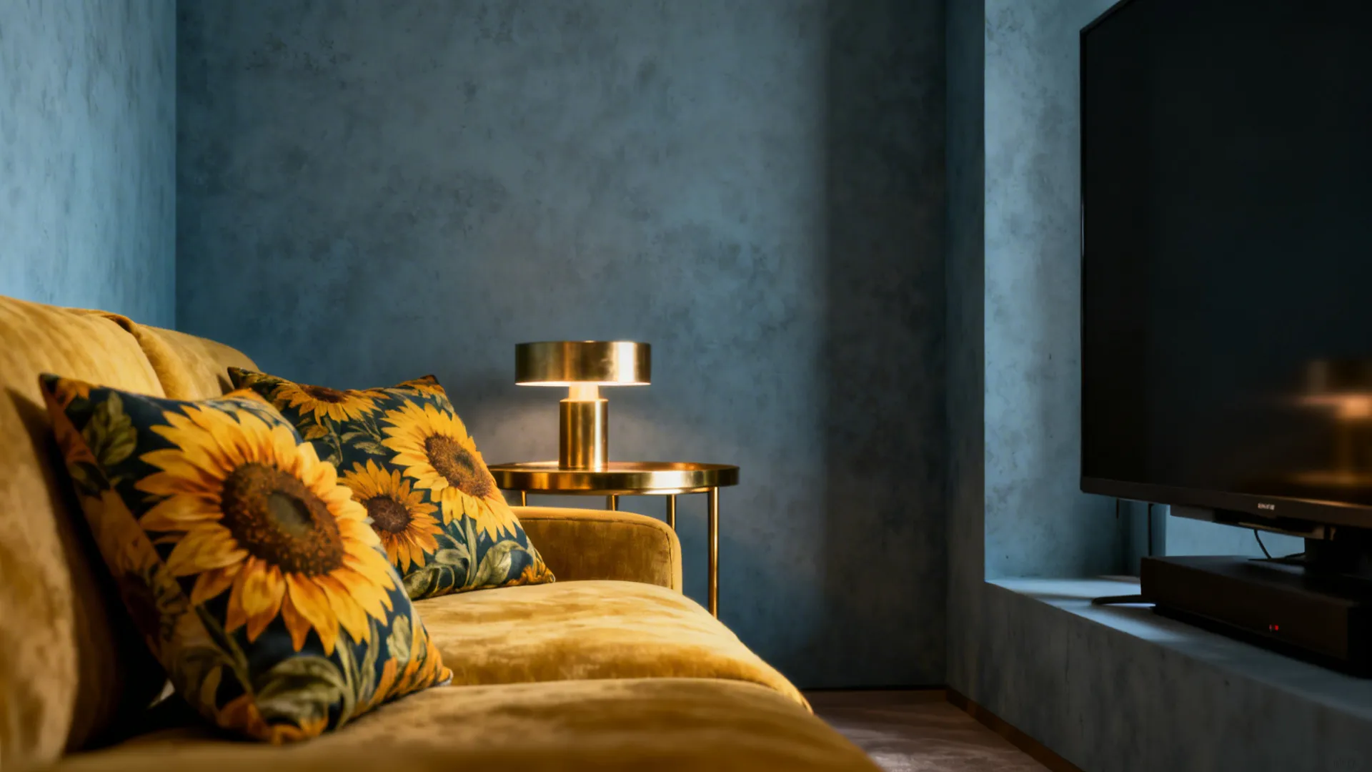 Media nook with dusty blue-gray walls, brass accents and warm textiles.