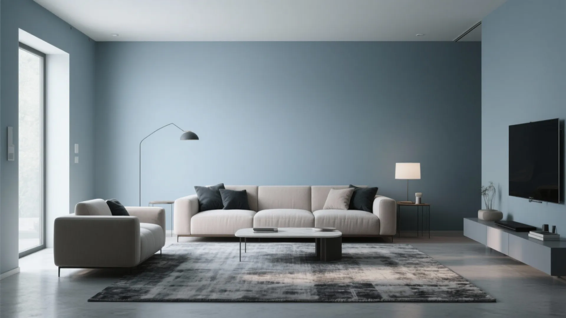 Minimalist living room featuring grey sofa large area rug floor light and blue wall paint