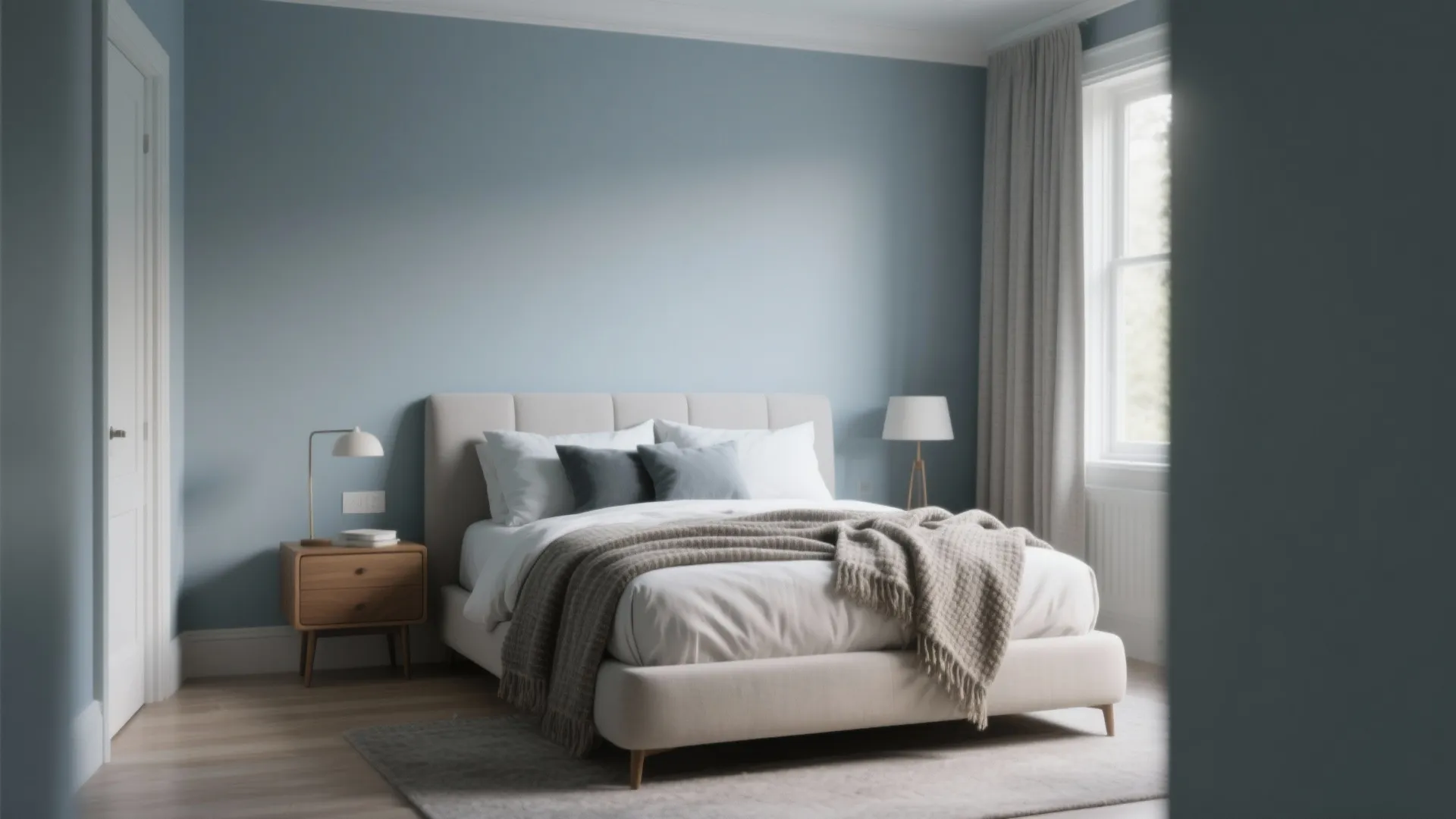 Cozy bedroom featuring dusty blue walls grey rug white bed small cabinet and soft lighting