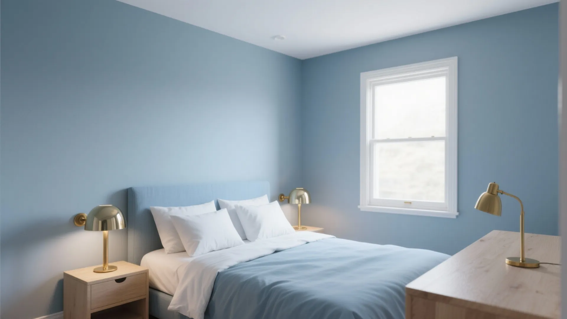 Modern blue bedroom with golden wall lights wooden side table white pillows and natural window light