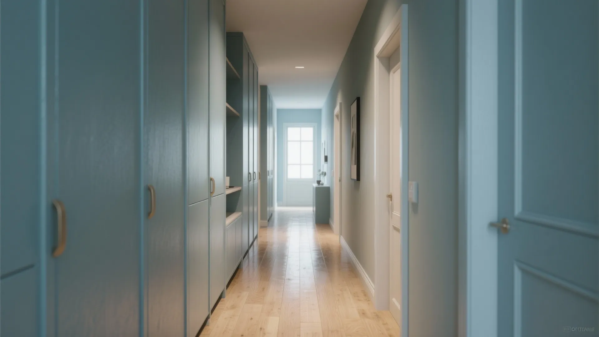 Modern dusty blue hallway design with tall cabinets wooden flooring white doors and natural light