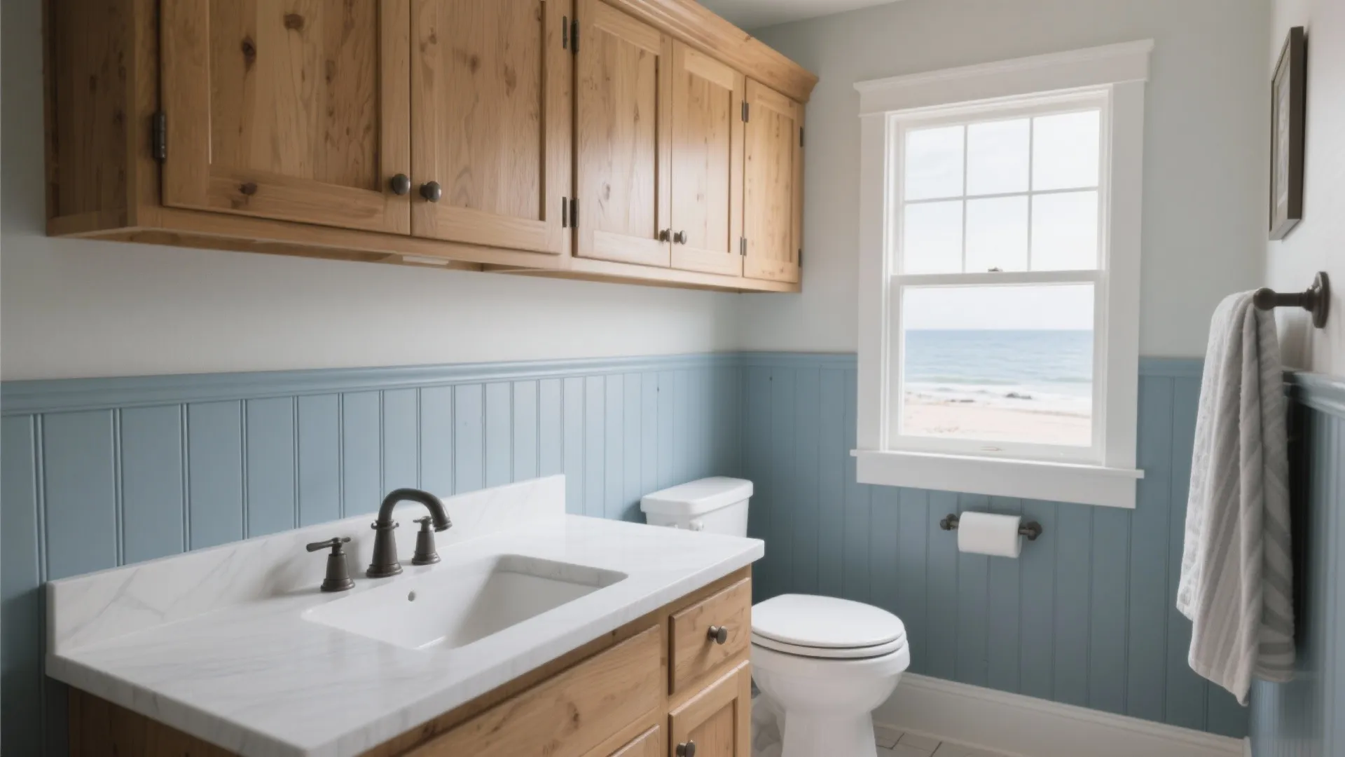 Dusty blue beadboard with honey oak cabinets in bathroom
