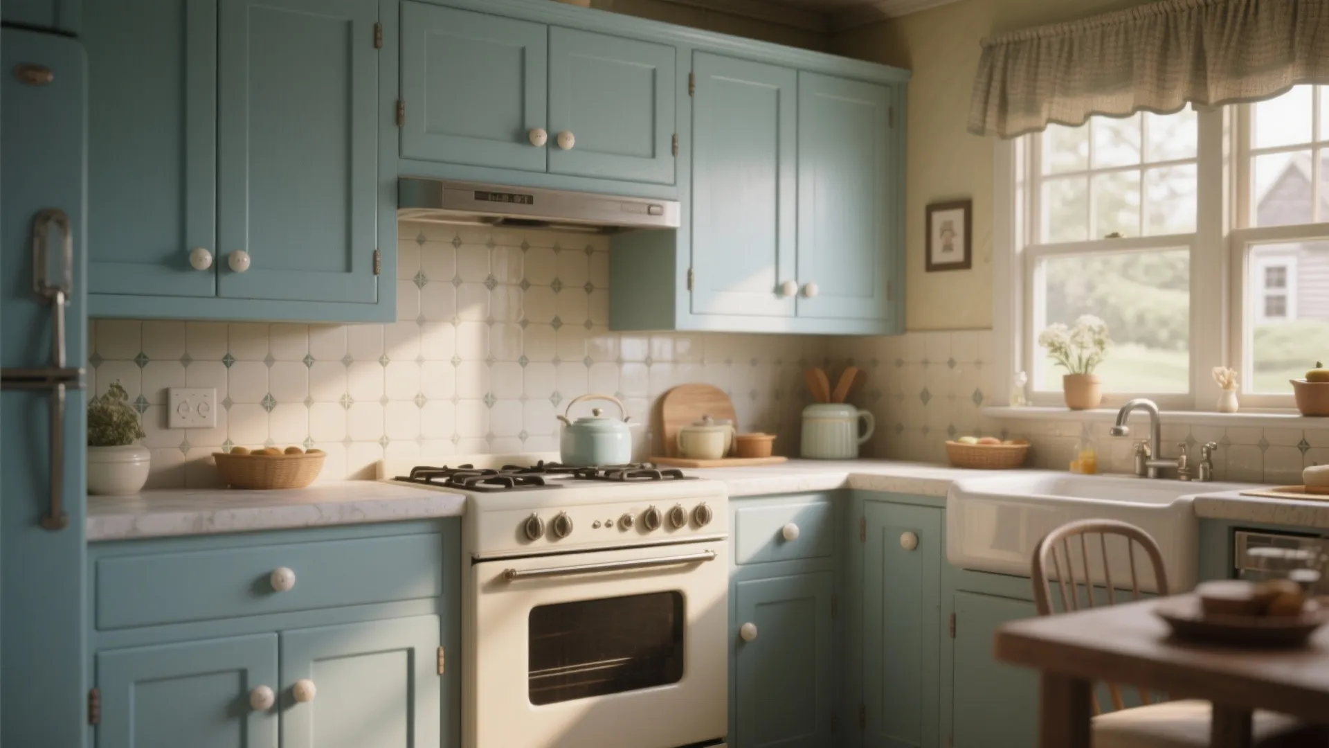 Vintage blue kitchen with white stove tiled back wall farm sink and window with small curtain