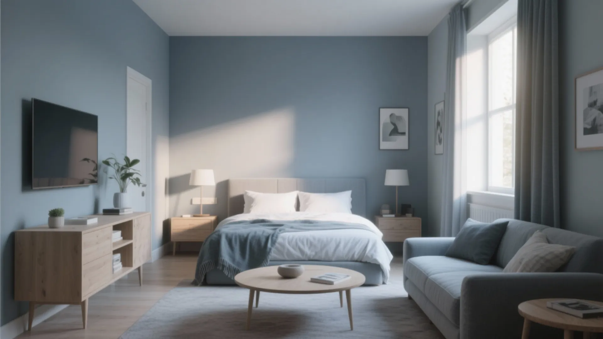 Dusty blue bedroom interior featuring a large bed, wooden cabinet, sofa, and bright natural windows