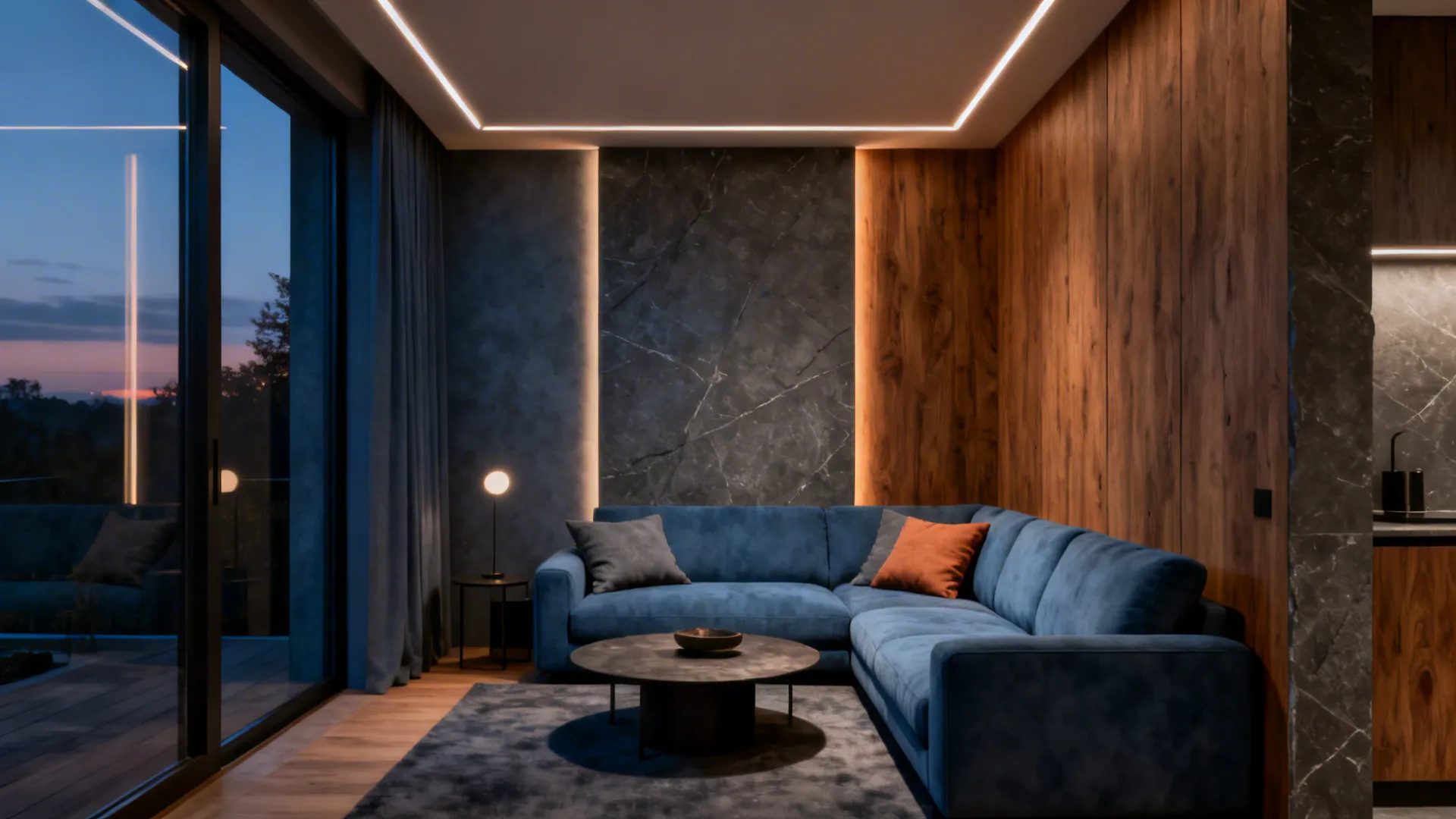 Small living room with dusty blue sofa, warm wood accents and intimate lighting