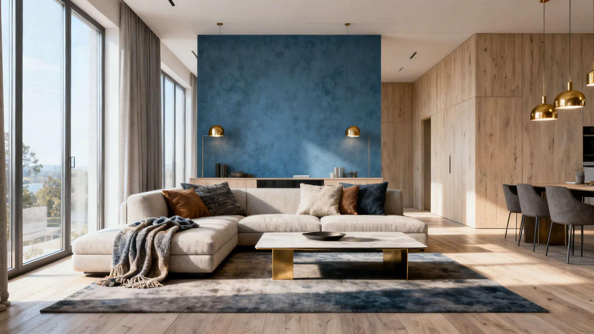 Open-plan living area with a dusty blue seating backdrop, pale wood and brass accents.