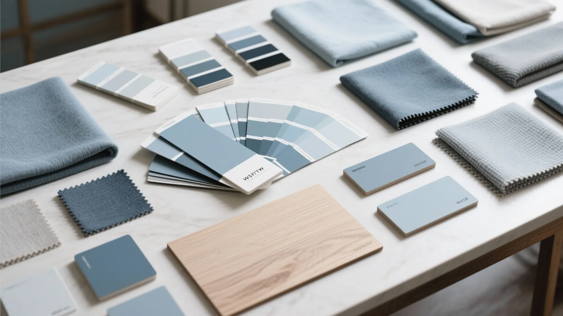 Dusty blue color swatches and textures for a cohesive palette