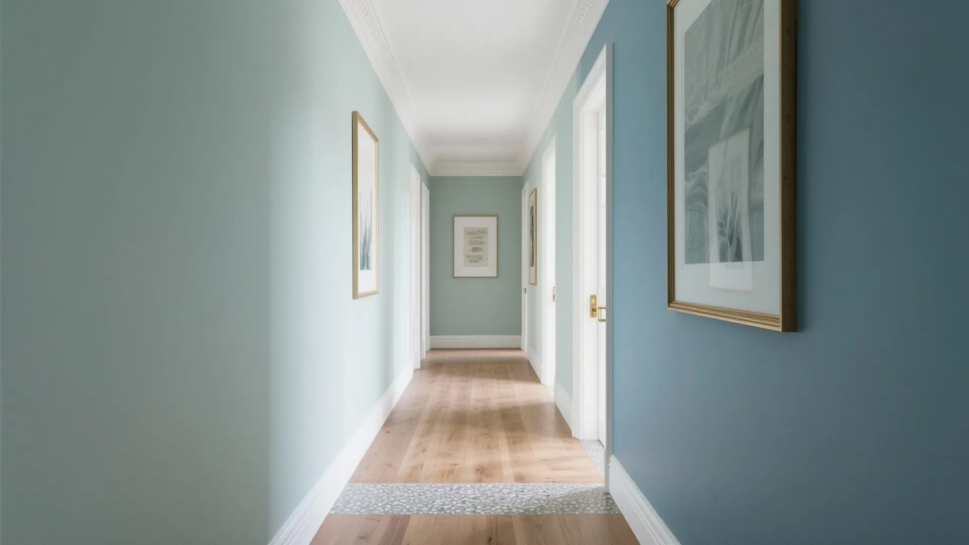 Long hallway with light blue and green walls white wooden doors and framed wall art