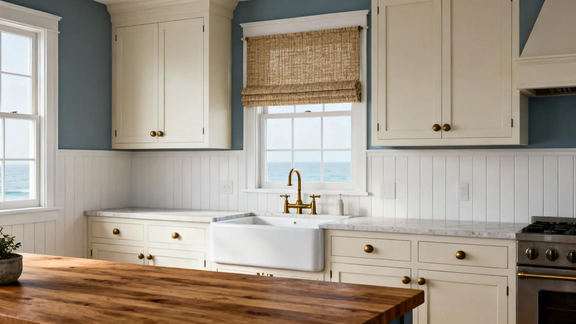 Dusty blue walls and white shiplap add gentle contrast to cream cabinets in soft daylight.