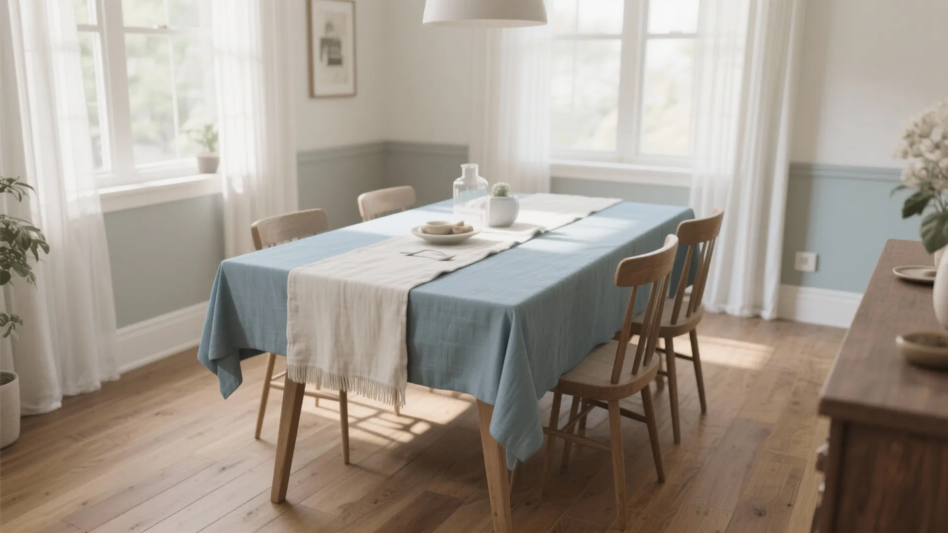 Dining room with blue tablecloth wooden chairs white curtains wall panel and bright natural sunlight