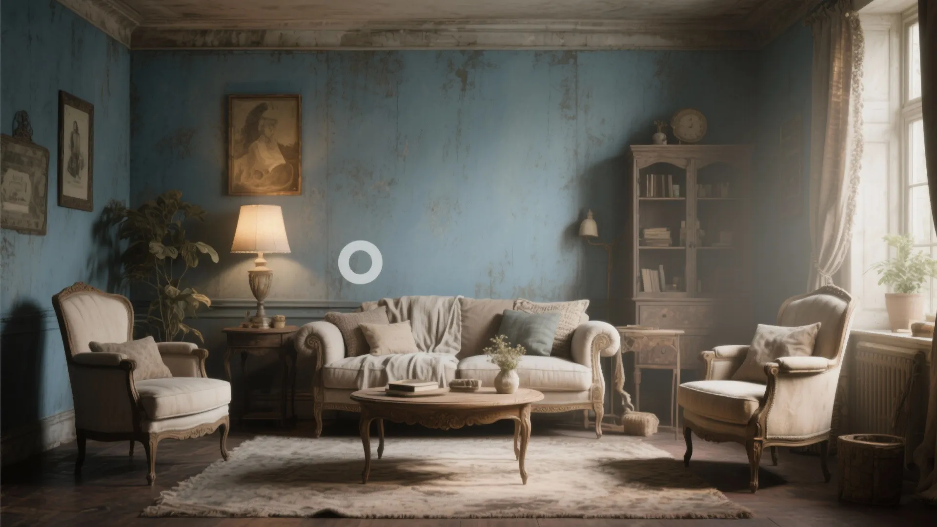 Vintage-style living room with dusty blue walls and antique accents