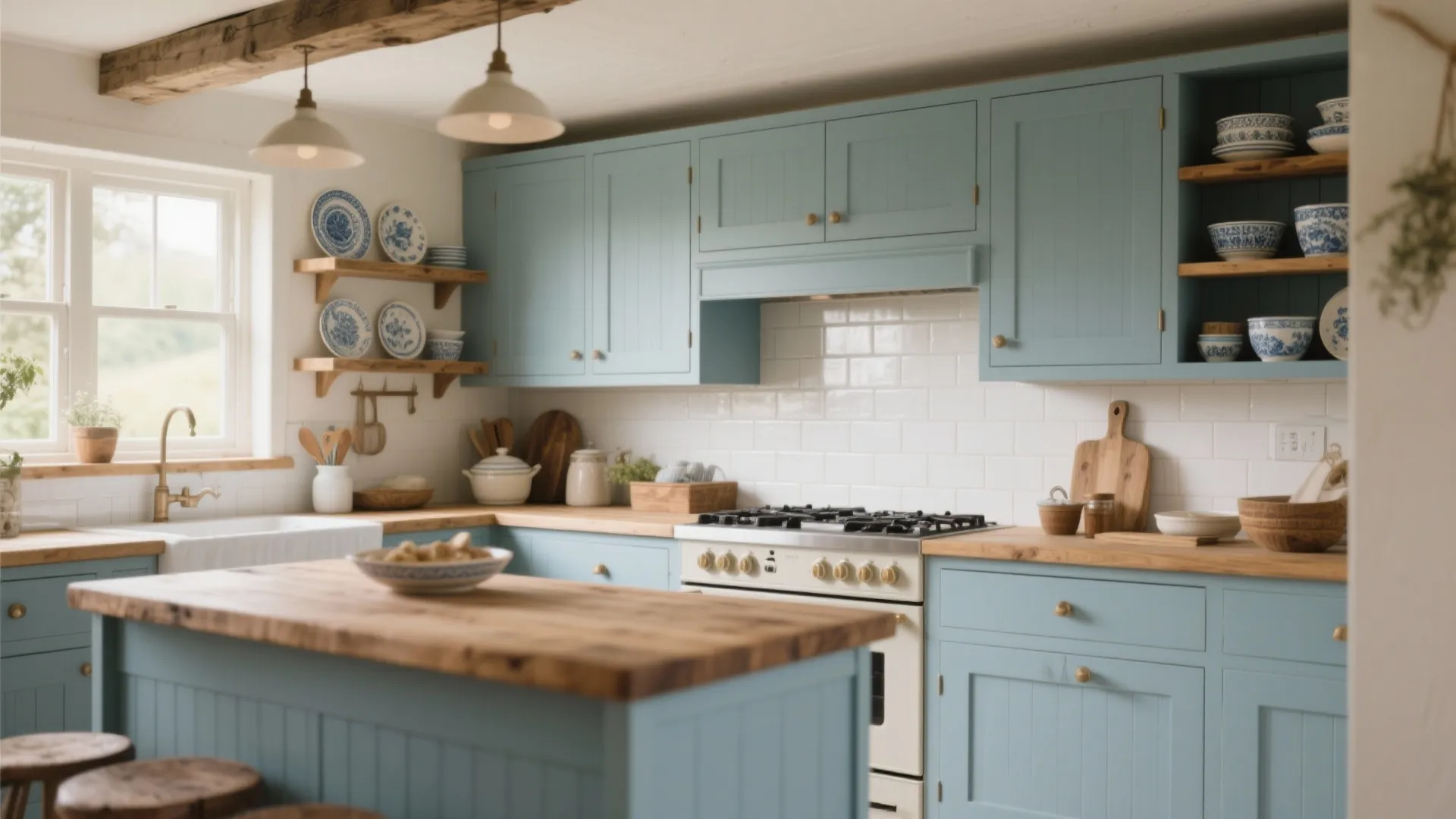 Bright blue kitchen with wood island white tiled walls blue patterned plates and ceiling light fixtures