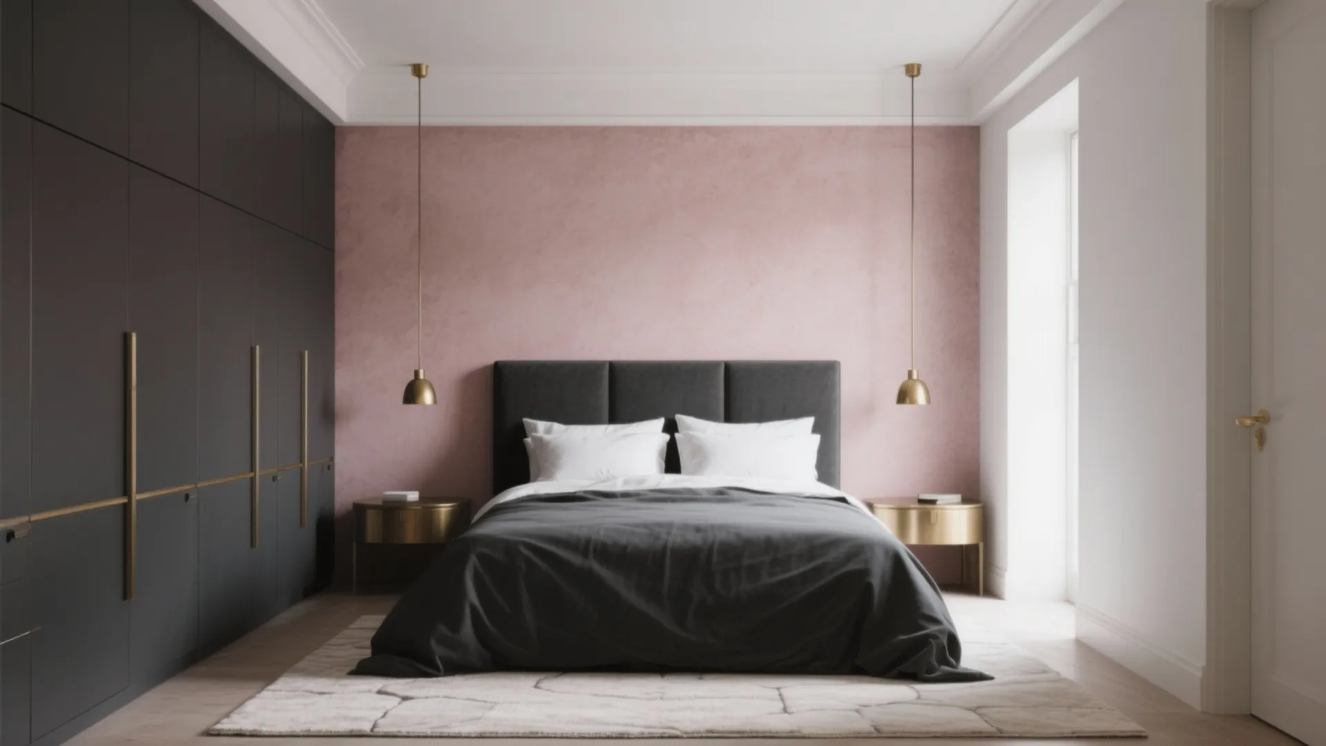 Modern bedroom featuring pink textured wall, charcoal grey bed, brass ceiling lights, and dark cabinets