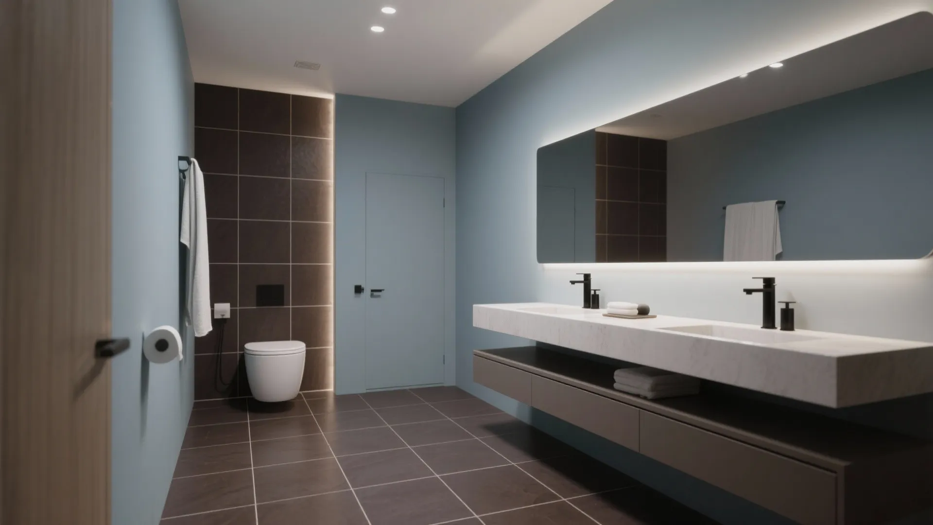 Spa-like bathroom with dusty blue-gray walls and large-format espresso tiles, floating vanity