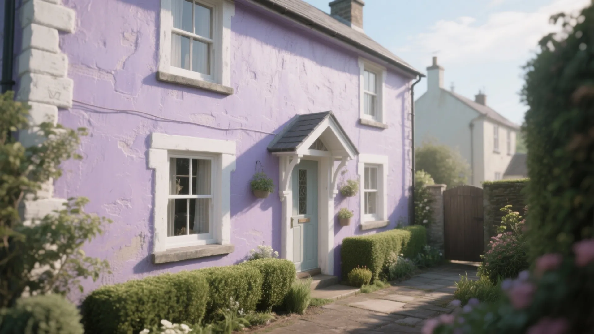 Light purple cottage house with white windows light blue door small garden path and green bushes