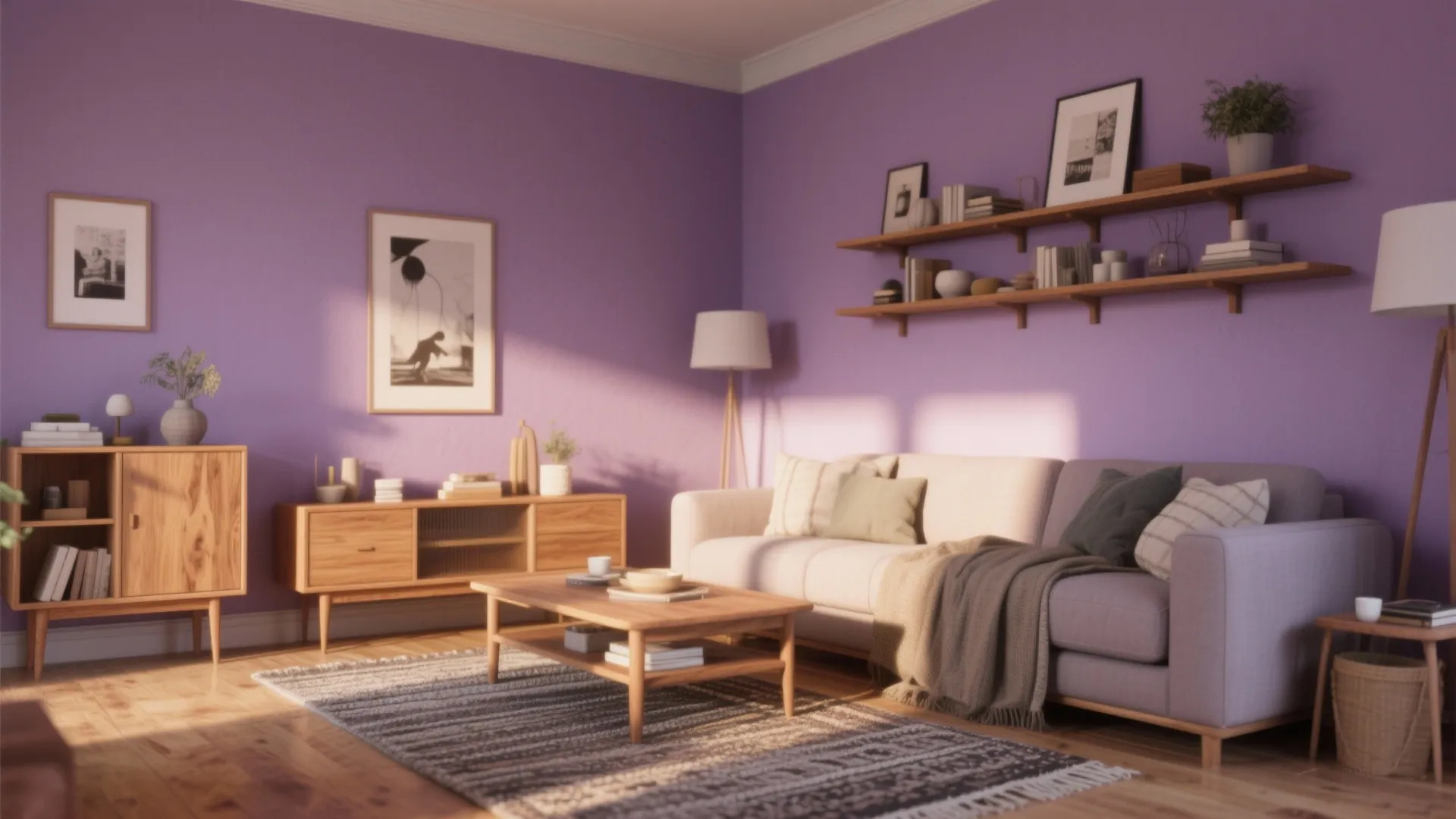 2. Dusty Lilac with Warm Wood: Cozy, lived-in warmth