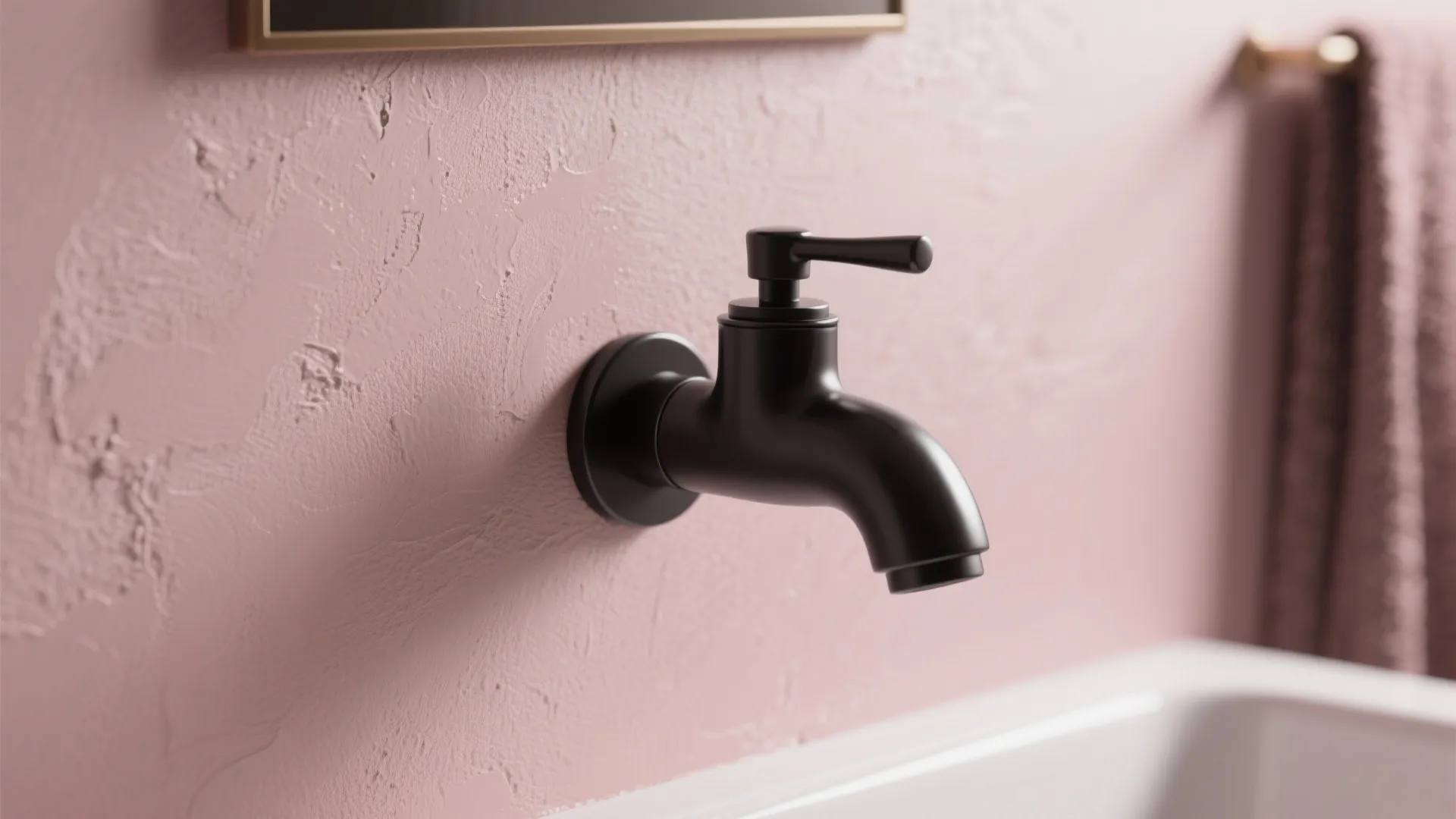 Close-up of dusty rose matte bathroom wall with black fixture