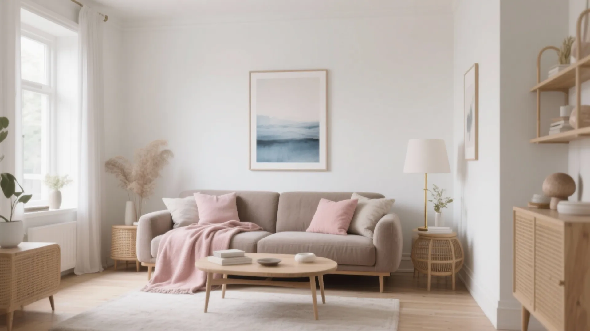 Bright living room with pink pillows on beige sofa wood coffee table and wall art piece