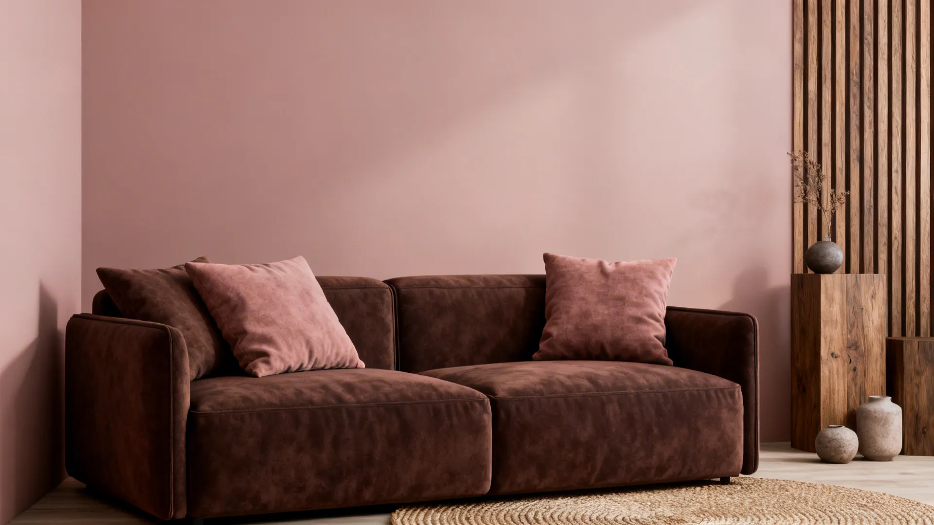 Chic corner with dusty pink accents and a brown loveseat with warm wood details.