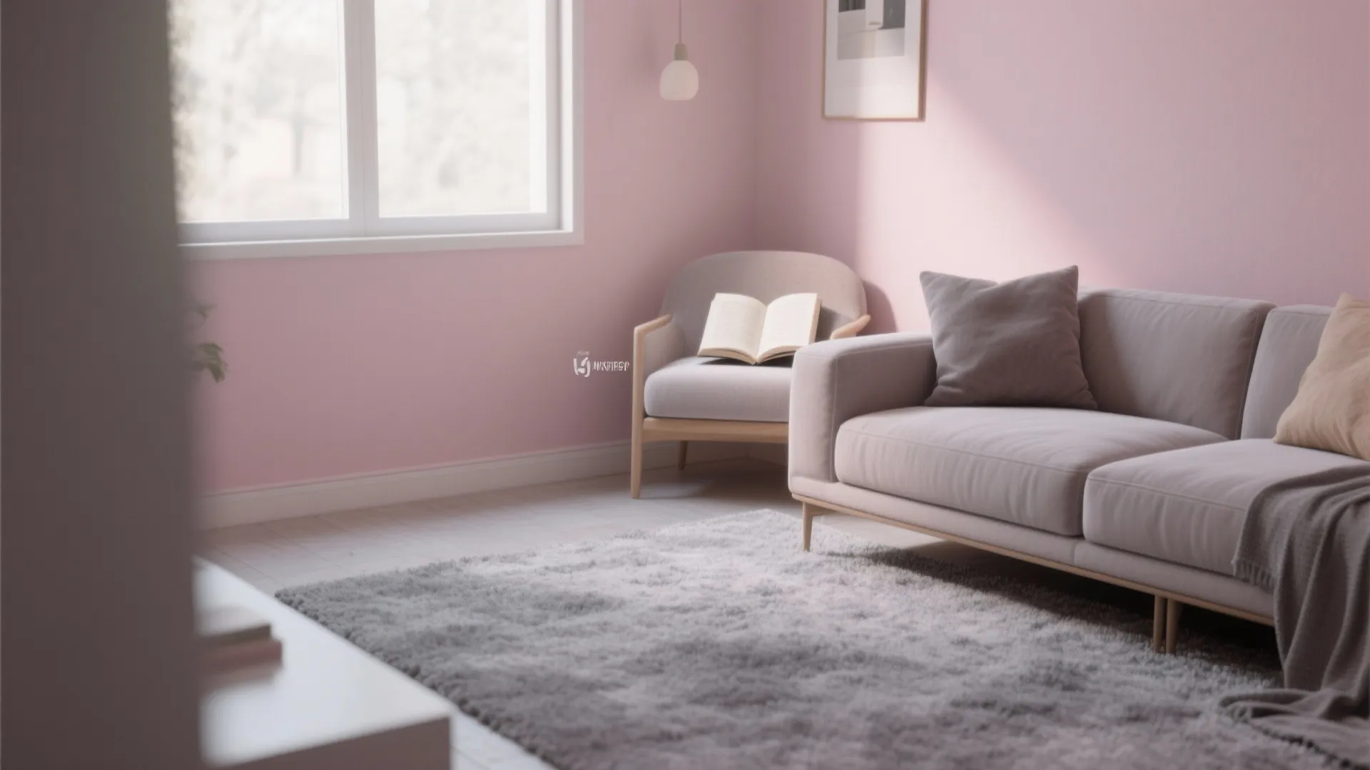 Living room reading corner with dusty pink walls and grey carpet