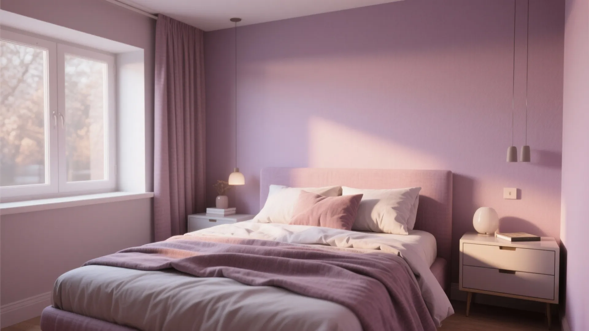 Modern pink bedroom featuring a soft purple wall, comfortable bed, white nightstands, and natural sunlight