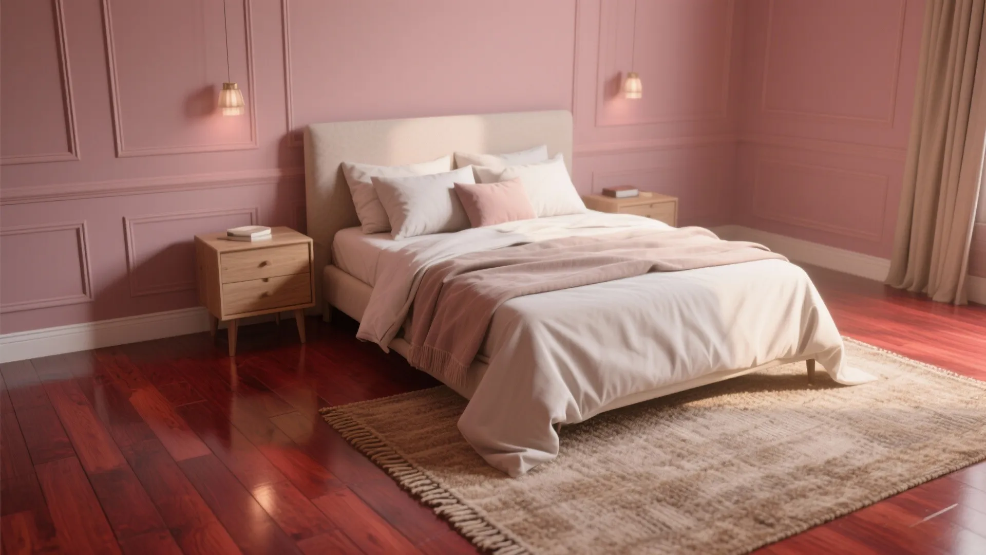 Pink bedroom featuring a beige bed with white pillows wooden nightstands and dark wood flooring