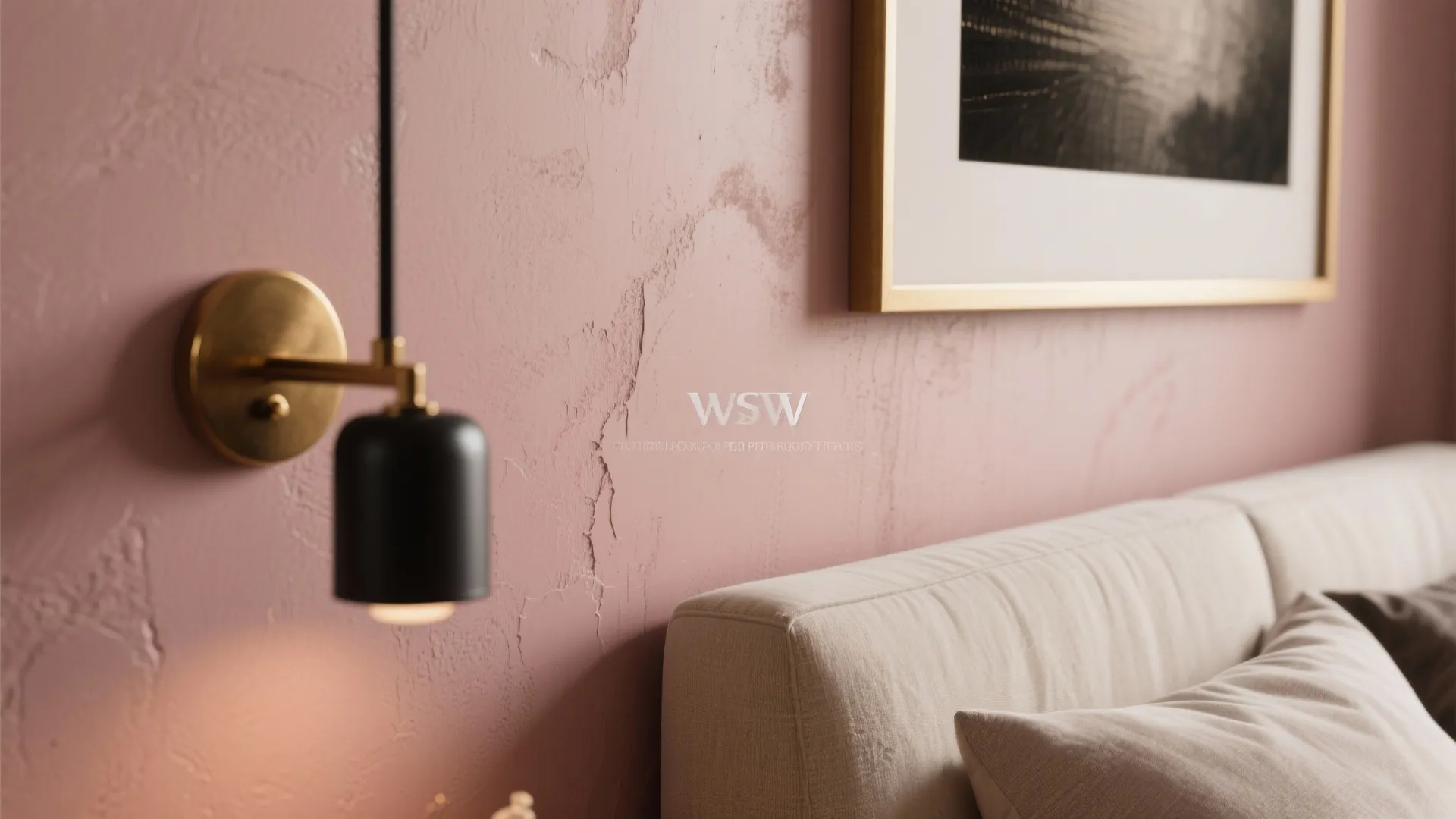 Close up of pink wall panel with black wall light beige sofa and gold picture frame