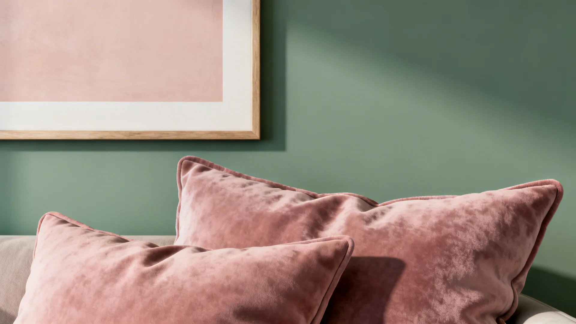 Dusty-rose pillows and blush art against a sage-green wall