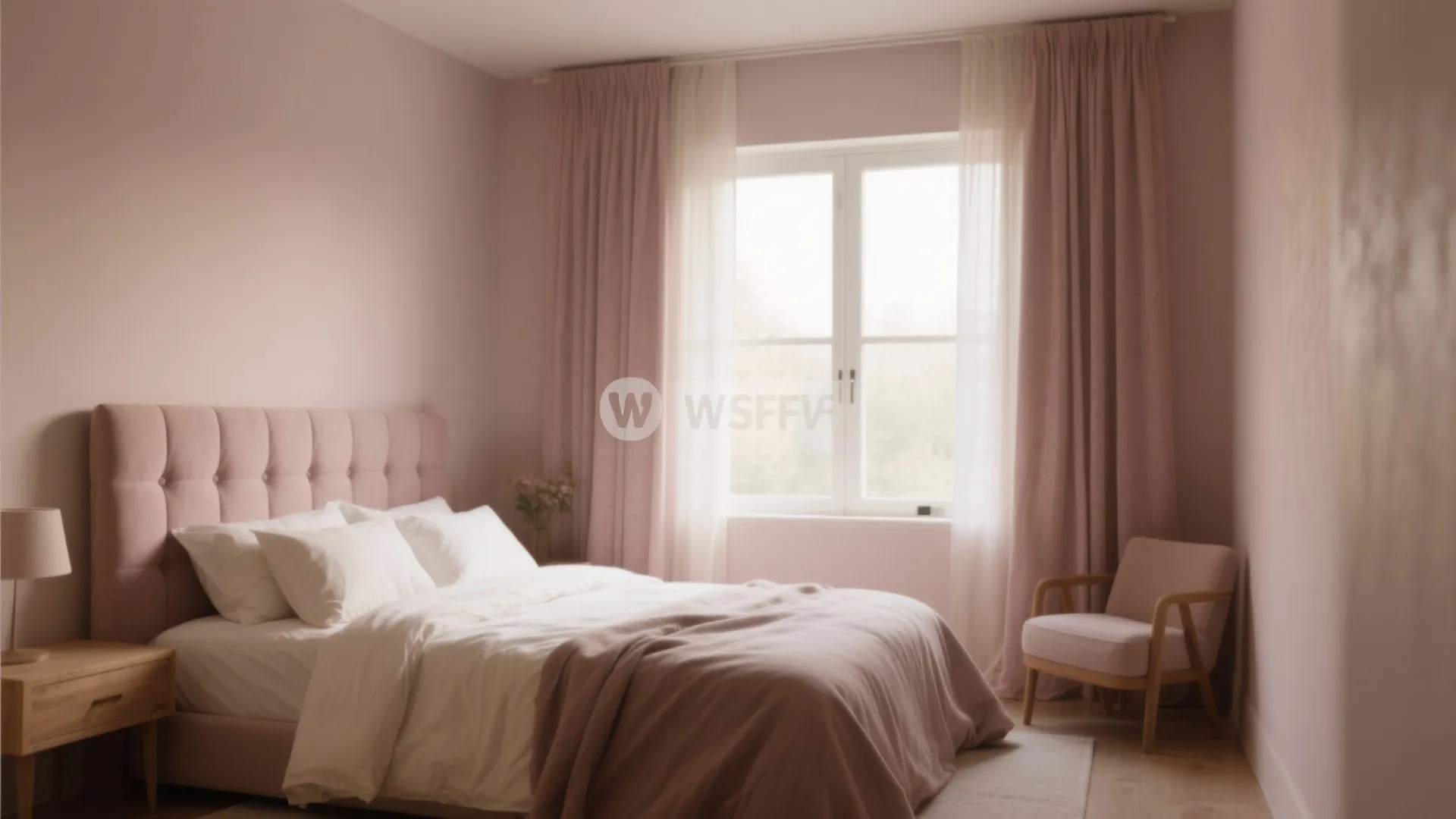 Soft pink bedroom featuring upholstered bed white sheets wooden side table and pink window curtains